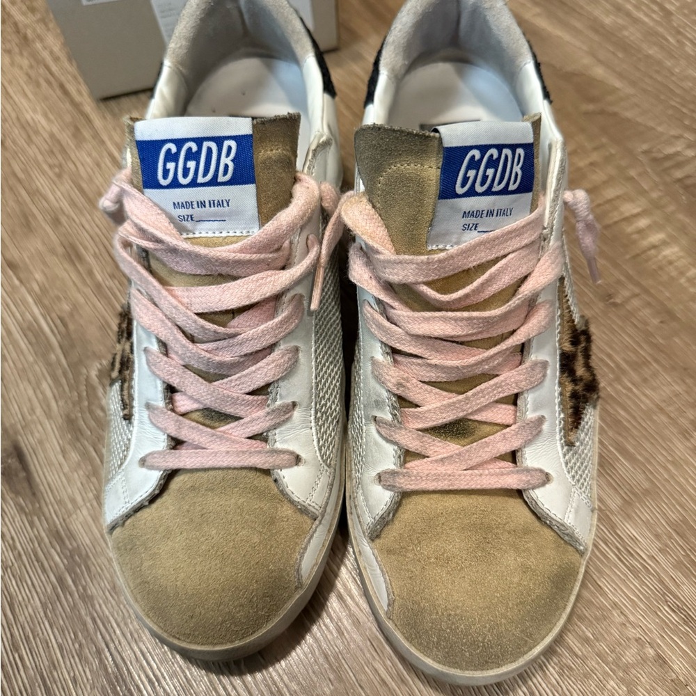 Golden Goose White Beige Leopard Star Sneakers with Pink Laces - Picture 5 of 7